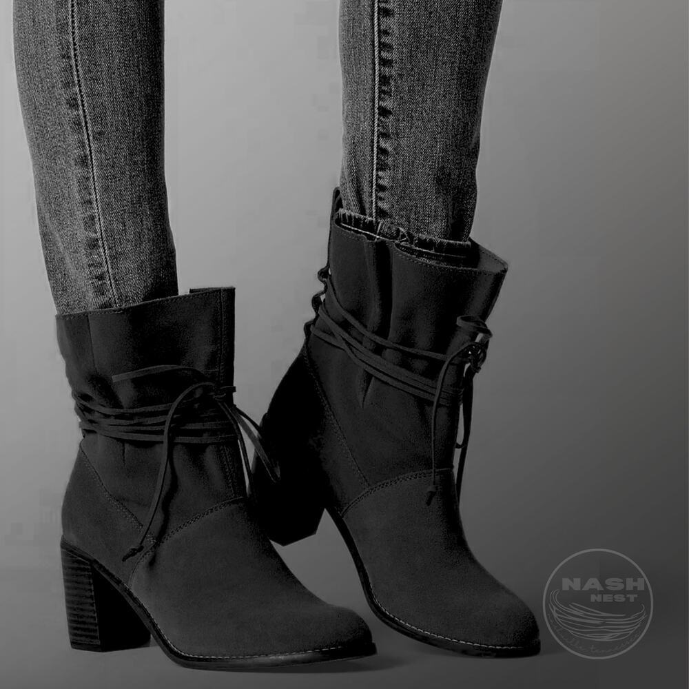 TOMS Mila Black Suede Ankle Boots | Lace Wrap, Block Heel, Size 8